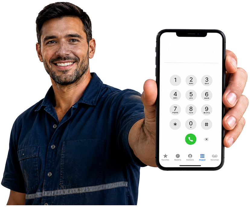 Clyde Blocked Drains plumber holding a phone — call 1300 261 965