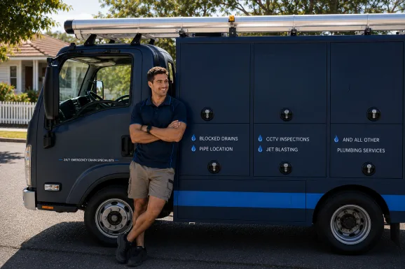 Service van and plumber at a Clyde callout