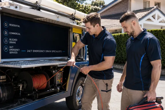 Two plumbers working on a blocked drain in Clyde