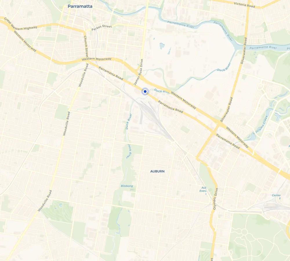 Map of the Clyde service area and the surrounding Western Sydney, showing Clyde and the nearby streets we cover.