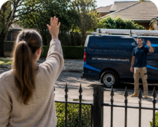 Customer waving goodbye to a Clyde Blocked Drains plumber