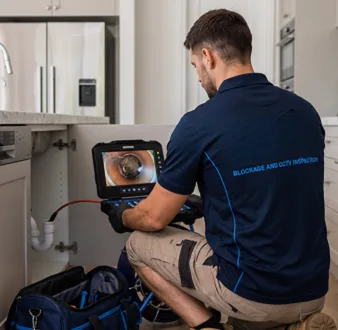 Plumber clearing a blocked toilet in a Clyde bathroom
